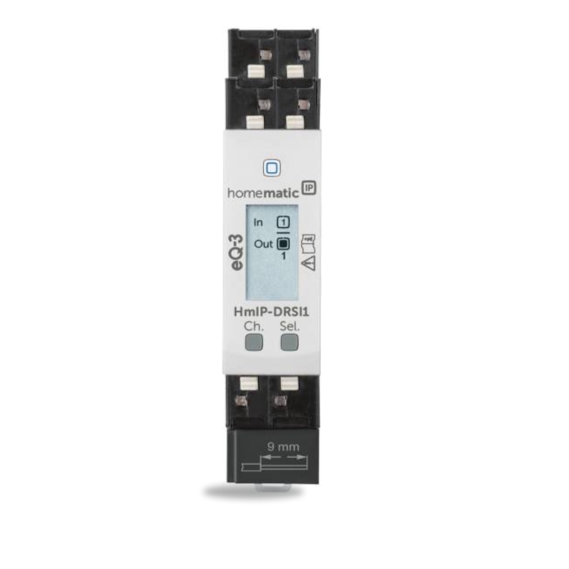 Homematic IP Spínací akční člen s LCD — až 10A, na DIN lištu — HmIP-DRSI1